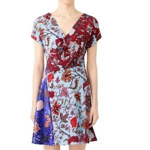 Diane Von Furstenberg Multi Floral Faux Wrap Mini Silk Dress SMALL